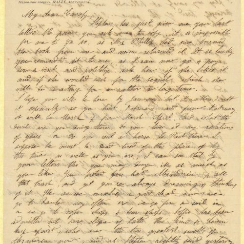 Handwritten letter by Mike Ralli to Cavafy on two sheets, with notes on all sides. Account of everyday life in Alexandria and