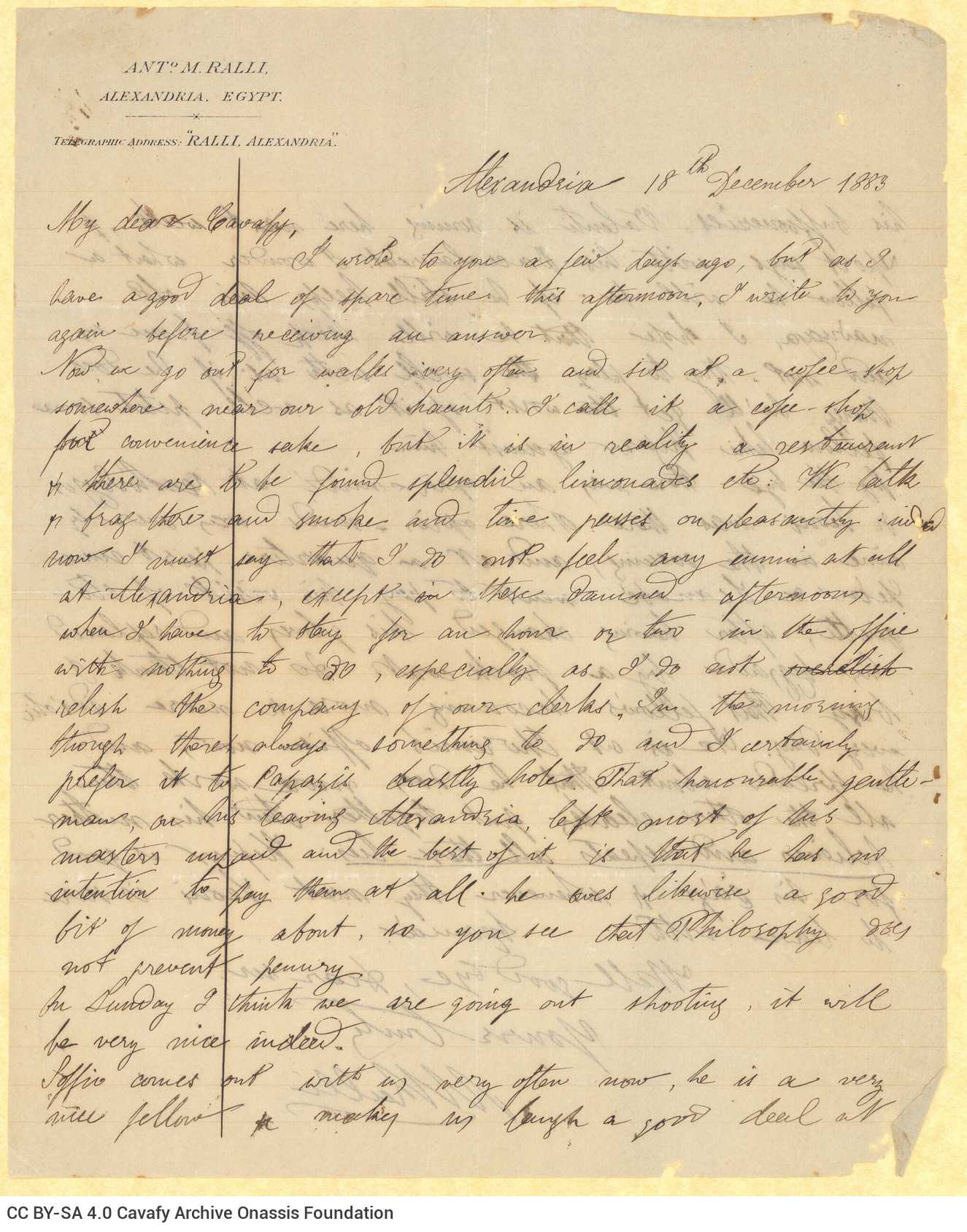 Handwritten letter by Mike Ralli to Cavafy on both sides of a sheet. Description of the author's everyday life on the occasio