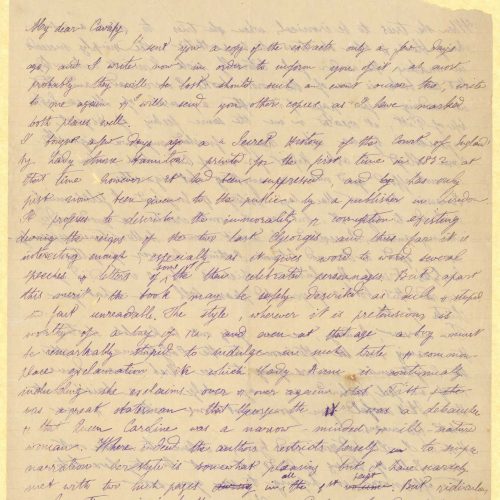 Handwritten letter by Mike Ralli to Cavafy on both sides of a sheet. He informs him about the previous letter he has sent and