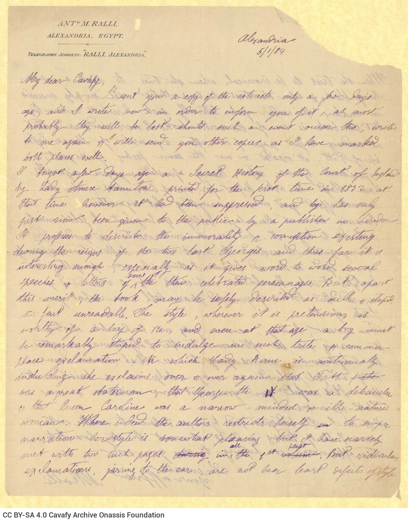 Handwritten letter by Mike Ralli to Cavafy on both sides of a sheet. He informs him about the previous letter he has sent and