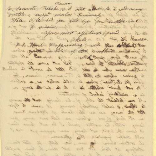 Handwritten letter by Mike Ralli to Cavafy on two sheets, with notes on all sides. Extensive reference to people and facts re