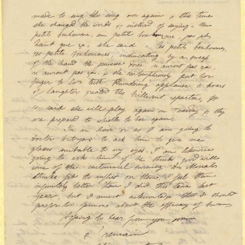 Handwritten letter by Mike Ralli to Cavafy on both sides of a sheet. Commentary on the spectacles available at the Zizinia th