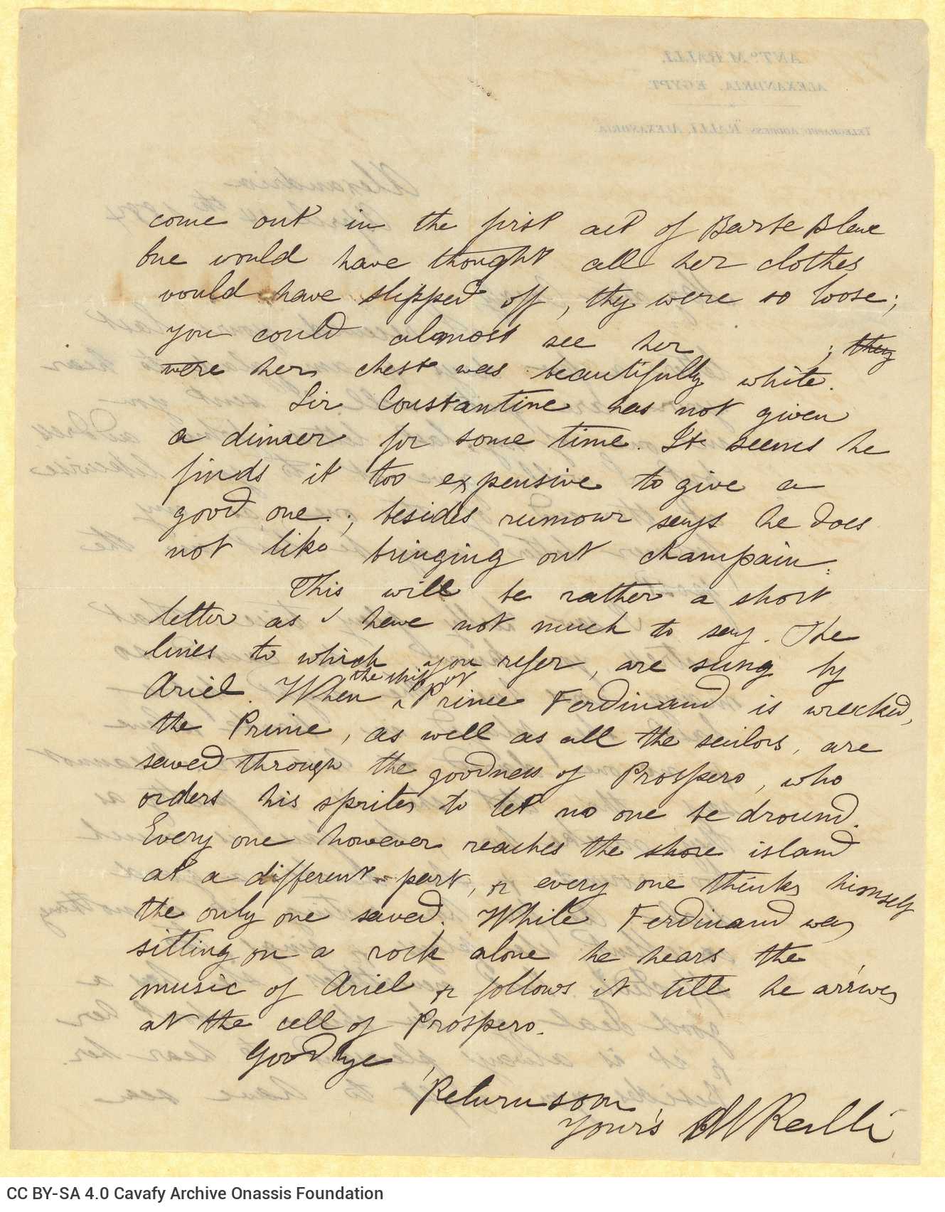 Handwritten letter by Mike Ralli to Cavafy on both sides of a sheet. Description of the work "La Barbe bleue" –possibly in 