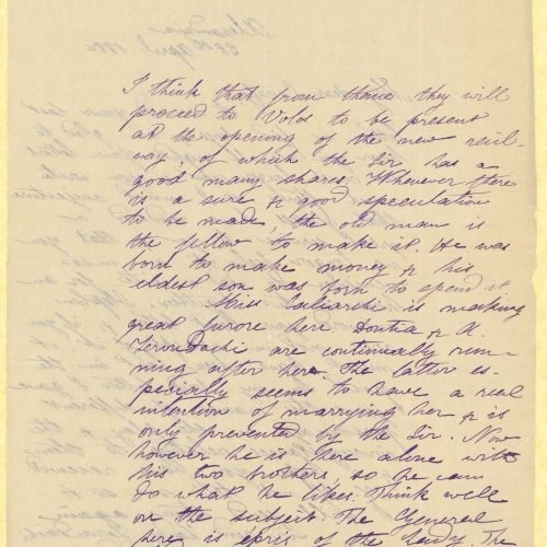 Handwritten letter by Mike Ralli to Cavafy on two sheets, with notes on all sides. Commentary on people and events related to