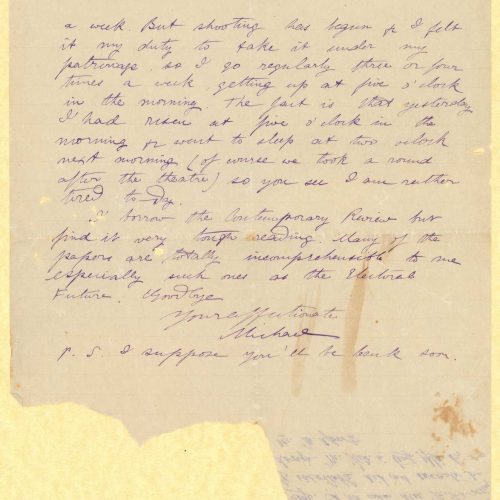 Handwritten letter by Mike Ralli to Cavafy on three sheets, with notes on the rectos. Comments on the matter of negotiations 