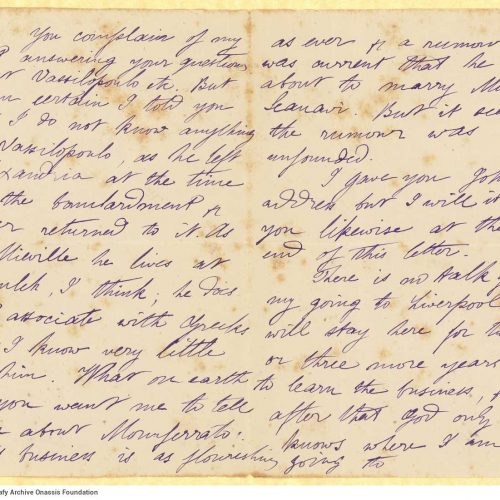 Handwritten letter by Mike Ralli to Cavafy on two bifolios, with notes on all sides. It is a reply to a letter he had receive