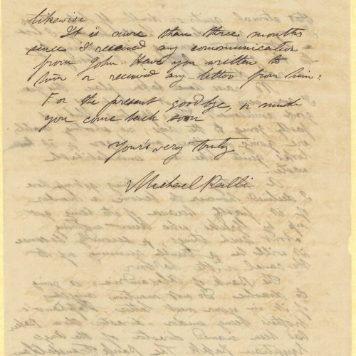 Handwritten letter by Mike Ralli to Cavafy in a bifolio and two sheets, with notes on all sides. Extensive commentary on peop