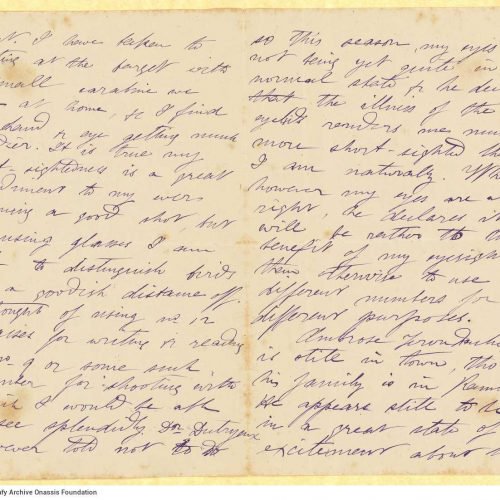 Handwritten letter by Mike Ralli to Cavafy in two bifolios, with notes until the second page of the second. Extensive referen