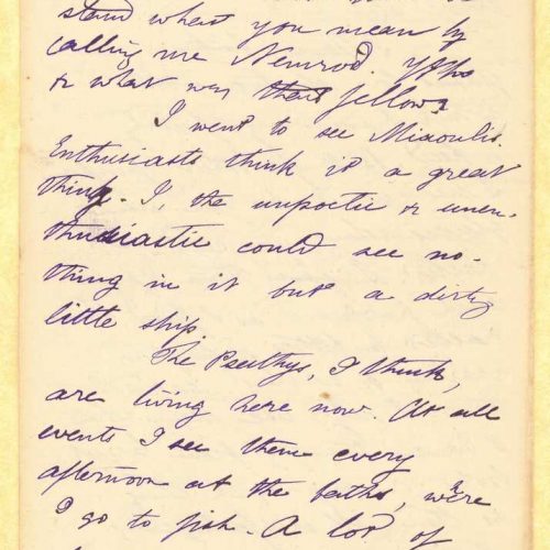 Handwritten letter by Mike Ralli to Cavafy on two bifolios, with notes on all sides. Description of habits and entertainments