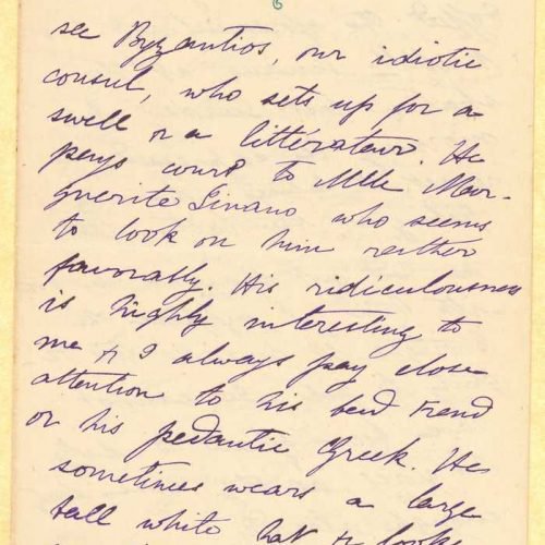 Handwritten letter by Mike Ralli to Cavafy on two bifolios, with notes on all sides. Description of habits and entertainments