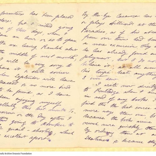 Handwritten letter by Mike Ralli to Cavafy in a bifolio, with notes on all sides. Reference to the moving from "Antoniadi's h