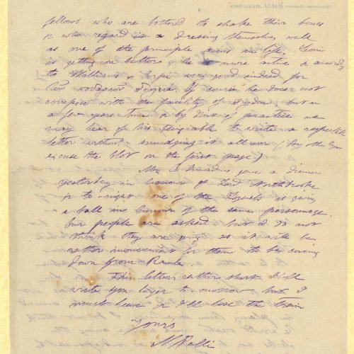 Handwritten letter by Mike Ralli to Cavafy, on both sides of a sheet. It is a reply to a letter he had received. Commentary o