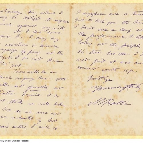Handwritten letter by Mike Ralli to Cavafy in two bifolios, with notes on all sides except the last. Reference to his engagem