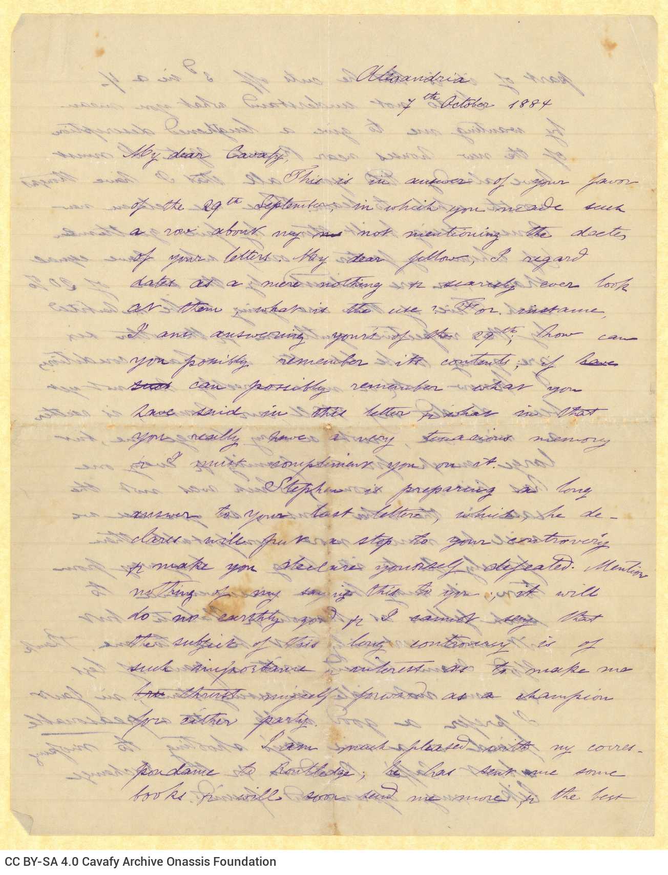 Handwritten letter by Mike Ralli to Cavafy in two sheets, with notes on all sides. It is a reply to a letter dated 29 Septemb