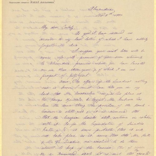 Handwritten letter by Mike Ralli to Cavafy in two sheets, with notes on all sides. The author expresses his interest in the t