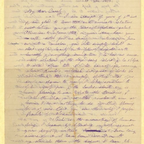 Handwritten letter by Mike Ralli to Cavafy in two sheets, with notes on all sides. It is a reply to a letter dated 6 December