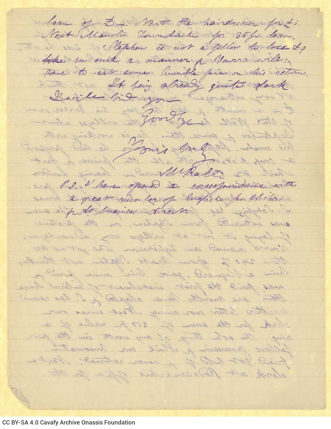 Handwritten letter by Mike Ralli to Cavafy in two sheets, with notes on all sides. It is a reply to a letter dated 6 December