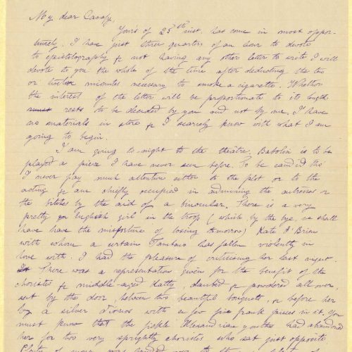 Handwritten letter by Mike Ralli to Cavafy on the recto of three sheets. It is a reply to a letter dated 25 January. Informat