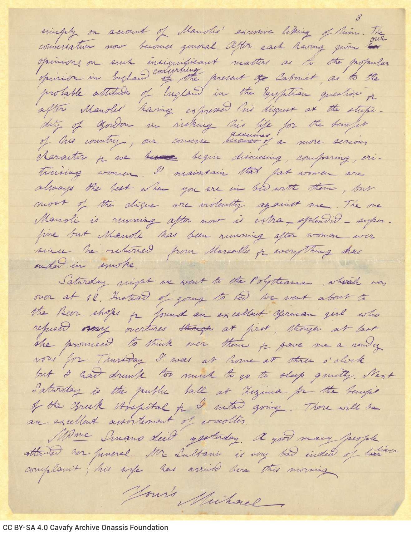 Handwritten letter by Mike Ralli to Cavafy on the recto of three sheets. Reference to John Browning, on the occasion of remar