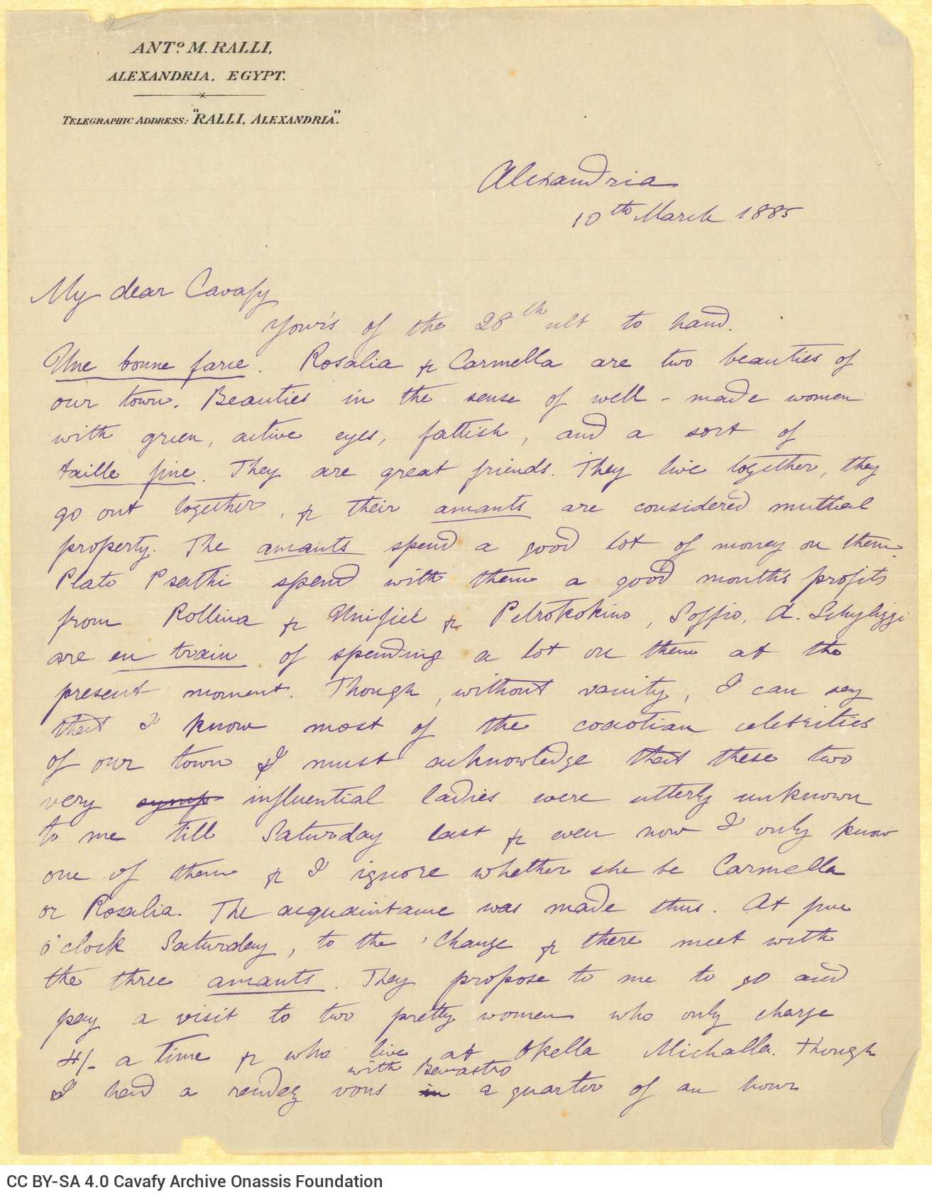 Handwritten letter by Mike Ralli to Cavafy on the recto of four sheets. It is a reply to a letter dated 28 February. Extensiv