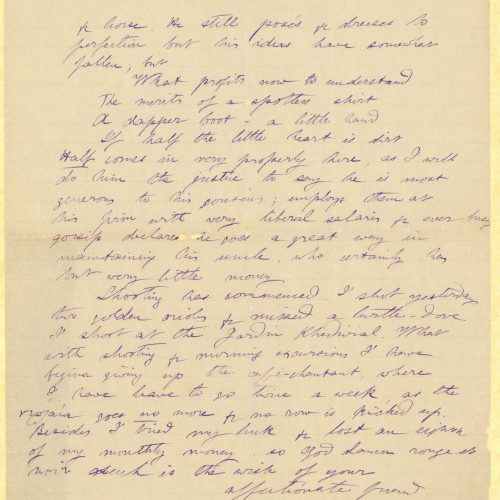 Handwritten letter by Mike Ralli to Cavafy on the recto of three sheets. Remarks on the 1884 crisis ("Change panic") and its 