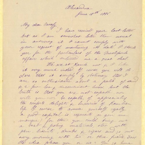 Handwritten letter by Mike Ralli to Cavafy on the recto of four sheets. The author describes his everyday life in Ramli and c