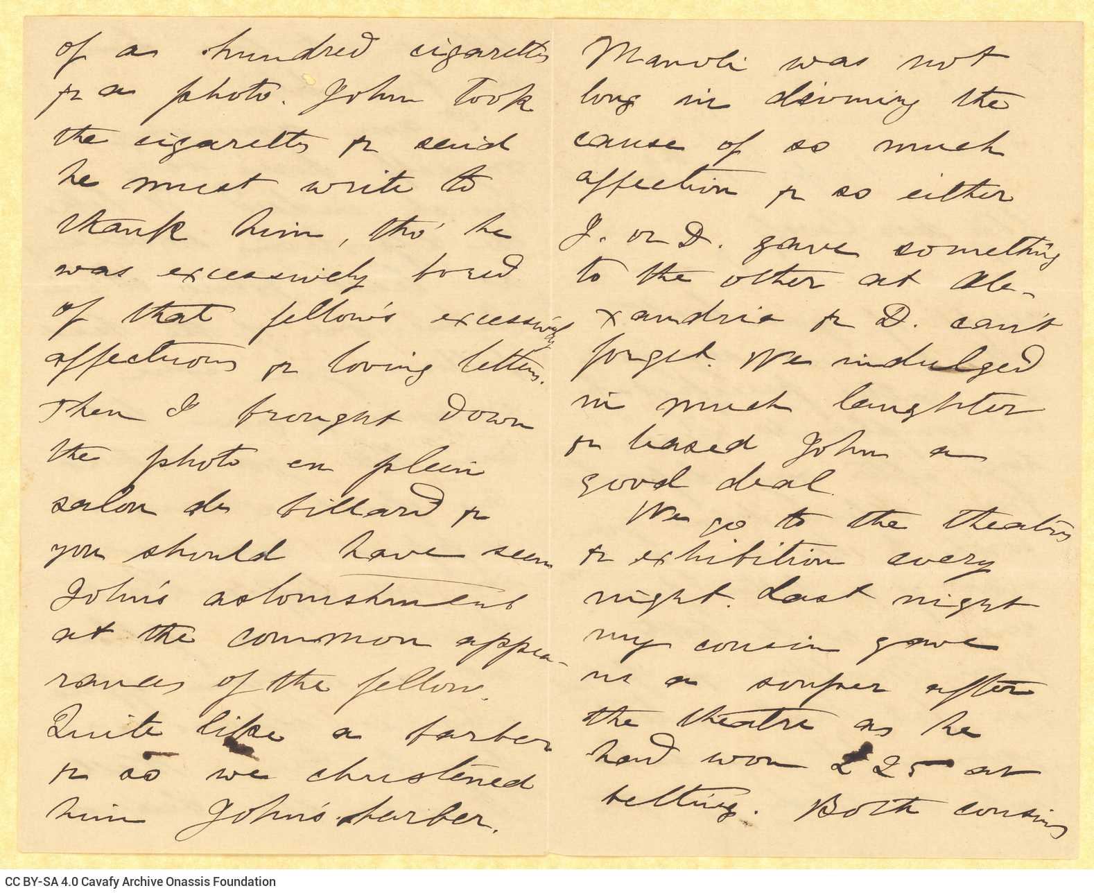 Handwritten letter by Mike Ralli to Cavafy on two bifolios, with notes on all sides. It is a reply to a letter by Cavafy. The