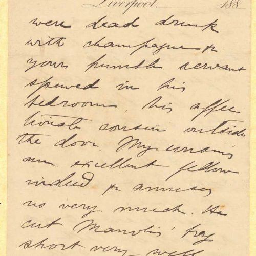 Handwritten letter by Mike Ralli to Cavafy on two bifolios, with notes on all sides. It is a reply to a letter by Cavafy. The