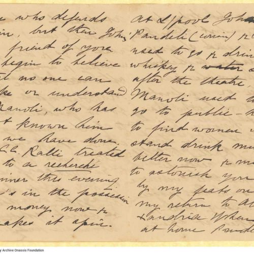 Handwritten letter by Mike Ralli to Cavafy on three bifolios, with notes on all sides. The author describes his stay in Londo