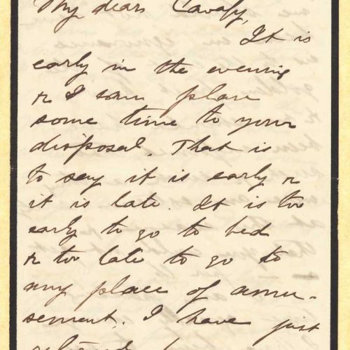 Handwritten letter by Mike Ralli to Cavafy in two bifolios with mourning border, with notes on all sides. The author describe