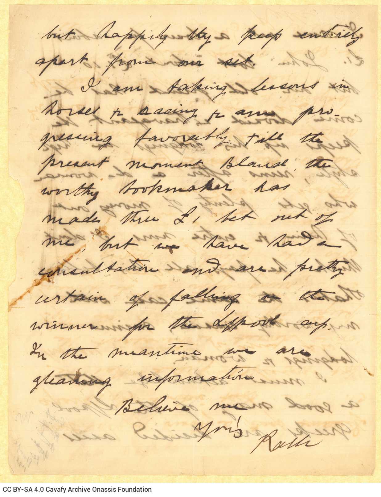 Handwritten letter by Mike Ralli to Cavafy in two sheets, with notes on all sides. It is a reply to a letter he had received.