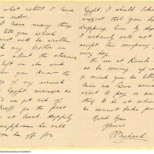 Handwritten letter by Mike Ralli to Cavafy in a bifolio, with notes on all sides. Information about the author's return to Eg
