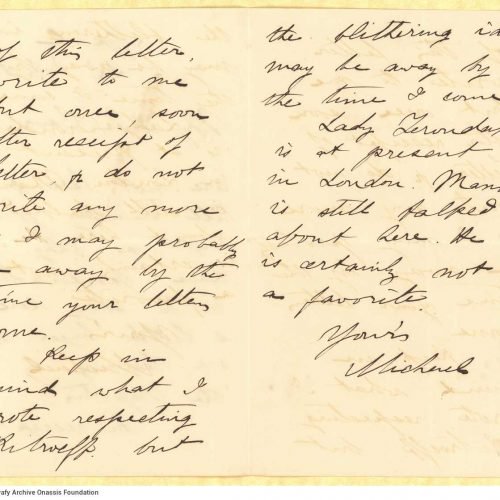 Handwritten letter by Mike Ralli to Cavafy on the first three pages of a bifolio. Information about the author's return to Eg