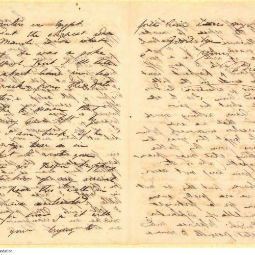 Handwritten letter by Mike Ralli to Cavafy in a bifolio, with notes on all sides. The author describes a short trip he took t