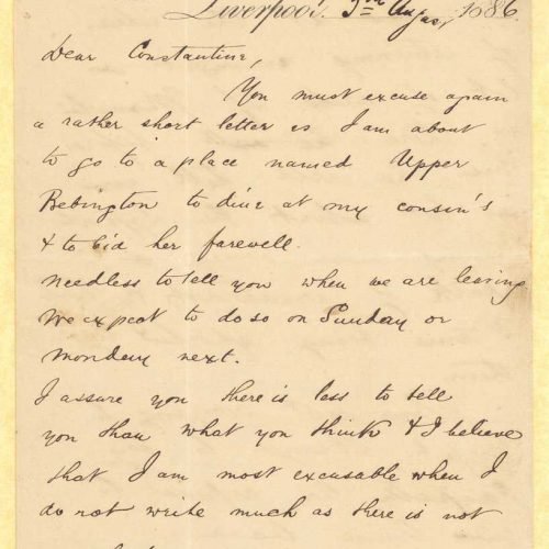 Handwritten letter by Totty and Mike Ralli to Cavafy in a bifolio, with notes on all sides. The letter is divided into two pa