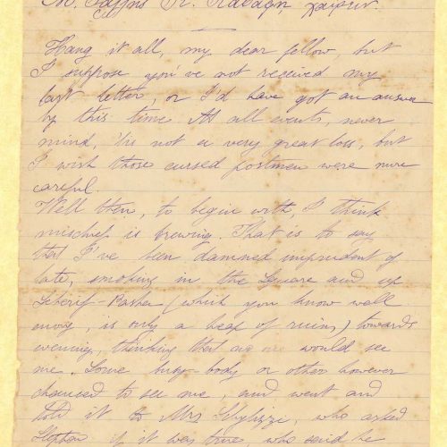 Handwritten letter by Mike Ralli to Cavafy in two sheets, with notes on all sides. Description of the author's habits (smokin