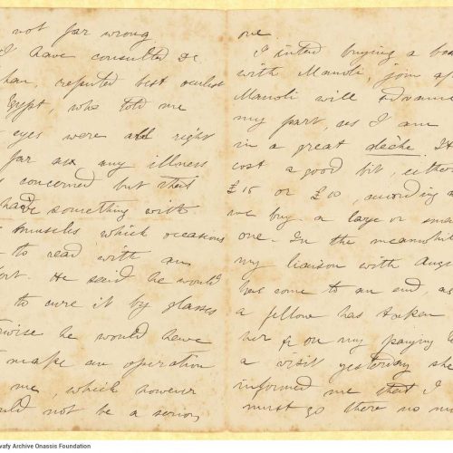 Handwritten letter by Mike Ralli to Cavafy in two bifolios, with notes on all sides. It is a reply to a letter he had receive