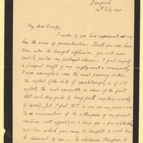 Handwritten letter by Michel C. Ralli to Cavafy on the recto of six sheets with mourning border. The author describes in deta