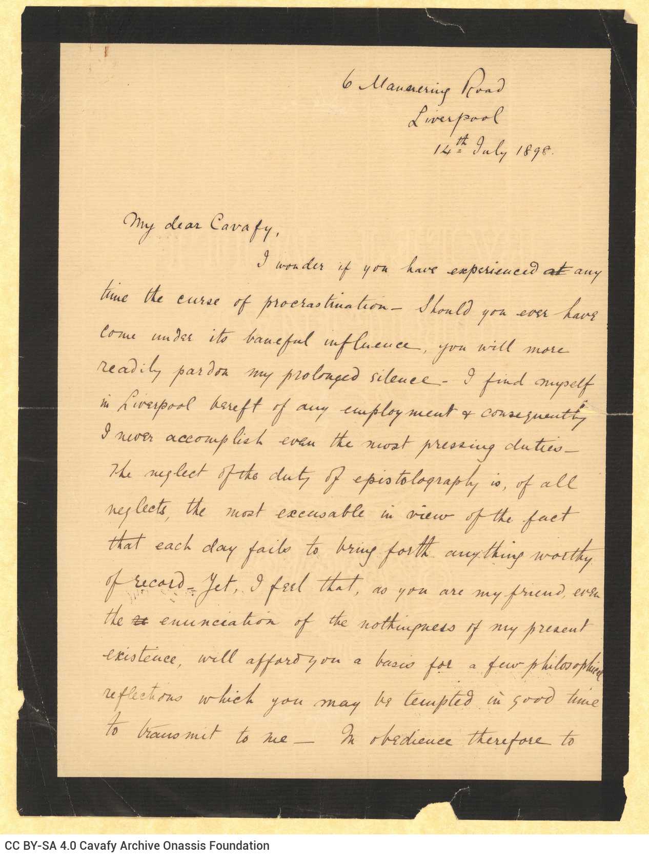 Handwritten letter by Michel C. Ralli to Cavafy on the recto of six sheets with mourning border. The author describes in deta