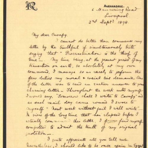 Handwritten letter by Michel C. Ralli to Cavafy on the recto of two sheets. Information about the author's return to Alexandr