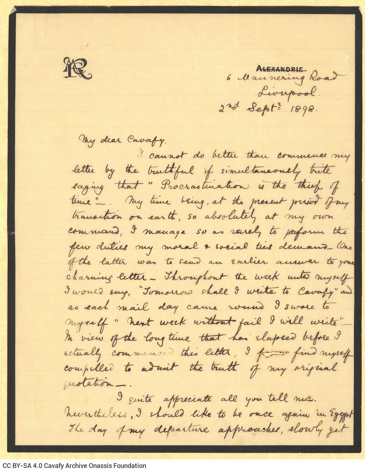 Χειρόγραφη επιστολή του Michel C. Ralli προς τον Καβάφη, στο recto δύο φύλλων. 
