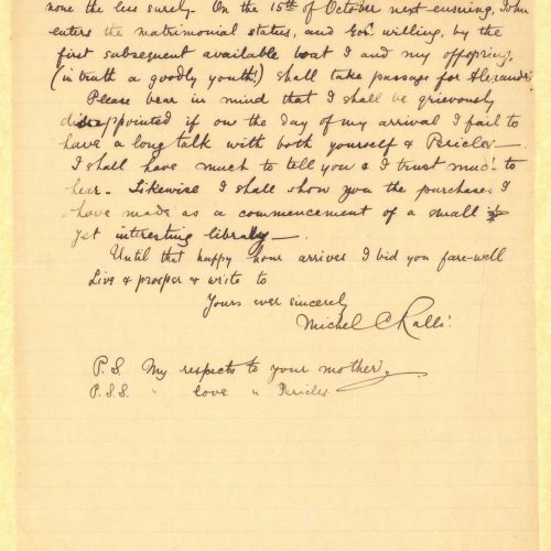 Handwritten letter by Michel C. Ralli to Cavafy on the recto of two sheets. Information about the author's return to Alexandr