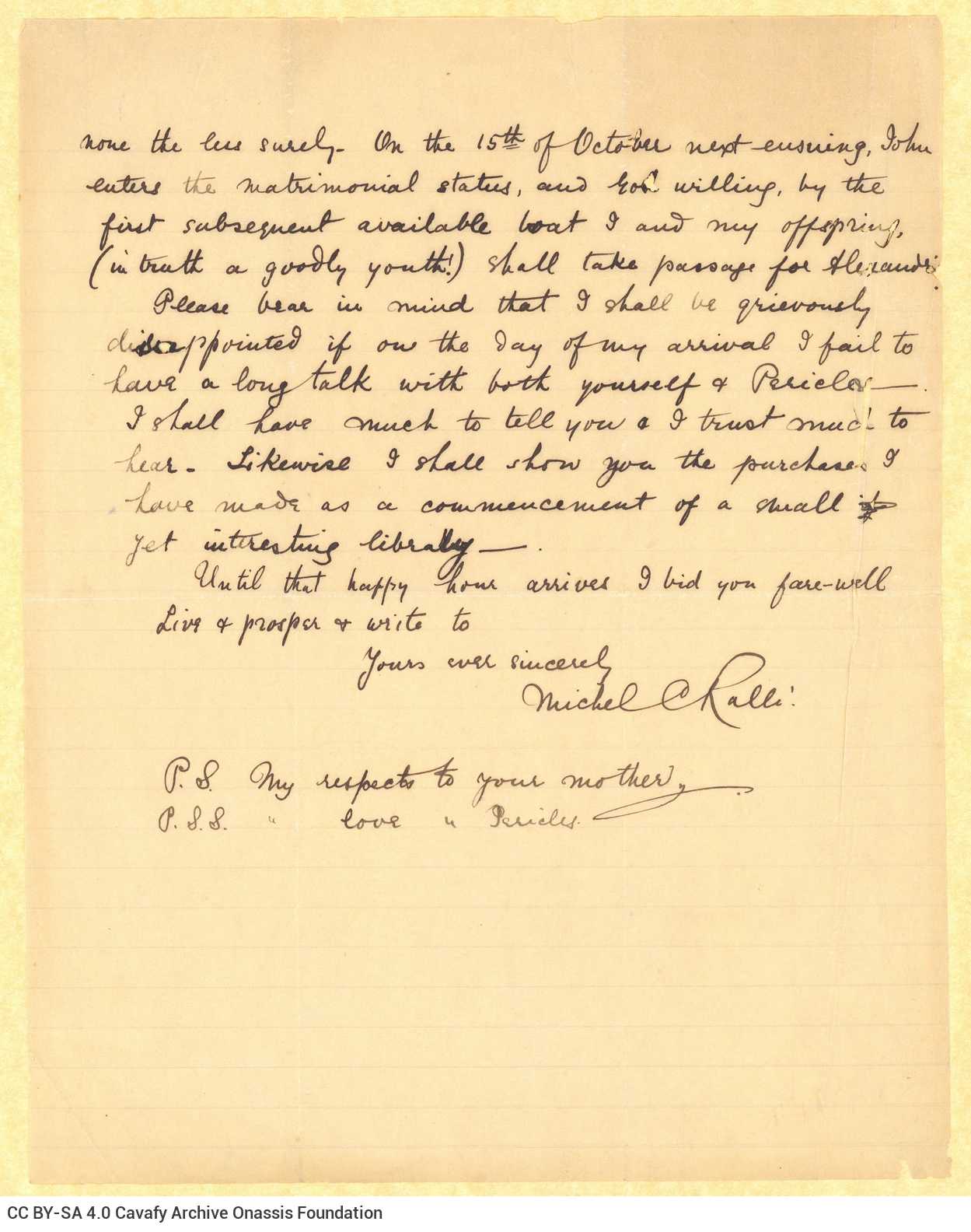 Χειρόγραφη επιστολή του Michel C. Ralli προς τον Καβάφη, στο recto δύο φύλλων. 
