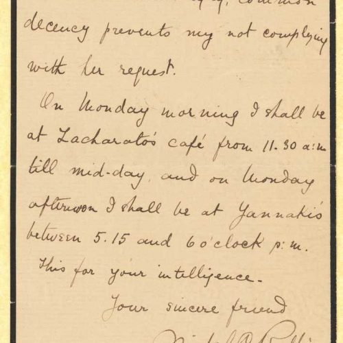 Handwritten letter by Michel C. Ralli to Cavafy on the first and fourth pages of a bifolio. The author gives information to C