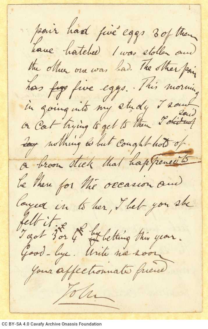 Handwritten letter by John [Rodocanachi] to Cavafy in a bifolio with mourning border with notes on all sides. Extensive comme