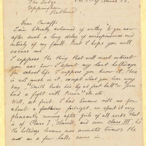 Χειρόγραφη επιστολή του John [Ροδοκανάκη] προς τον Καβάφη, σε τετρασέλ�