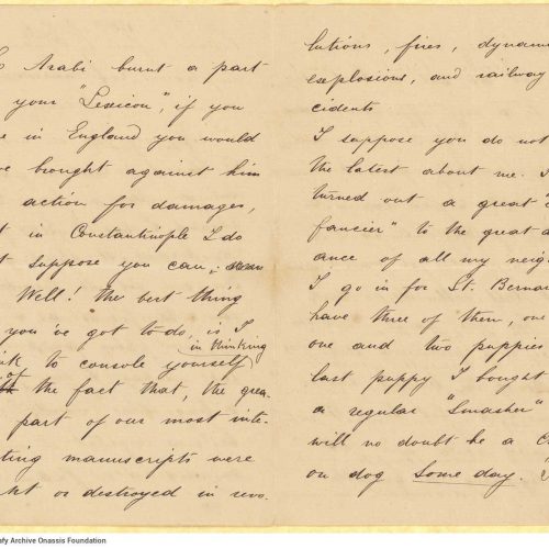 Handwritten letter by John [Rodocanachi] to Cavafy in two bifolios, with notes on all sides. Reference to the loss of Cavafy'