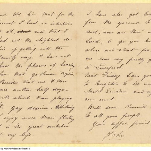 Χειρόγραφη επιστολή του John [Ροδοκανάκη] προς τον Καβάφη, σε δύο τετρα