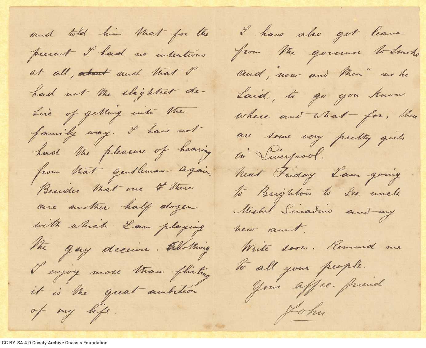 Handwritten letter by John [Rodocanachi] to Cavafy in two bifolios, with notes on all sides. Reference to the loss of Cavafy'