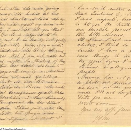 Handwritten letter by John [Rodocanachi] to Cavafy in two bifolios, with notes on all sides except for the verso of the last 